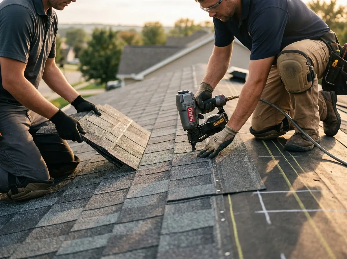 Professional roofer working on a residential roof in Atchison